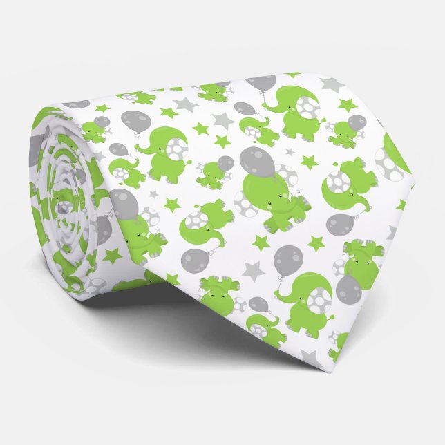 Pattern Of Green Elephants, Cute Elephants, Stars Tie (Rolled)