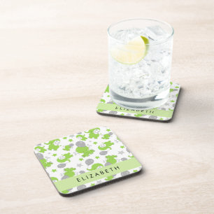 Pattern Of Green Elephants, Stars, Your Name Coaster