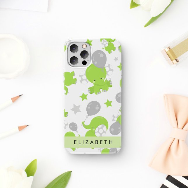 Pattern Of Green Elephants, Stars, Your Name iPhone 16 Case (Creator Uploaded)