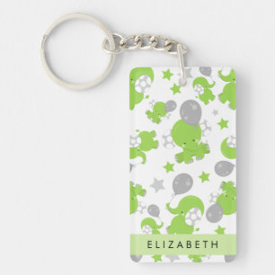 Pattern Of Green Elephants, Stars, Your Name Keychain