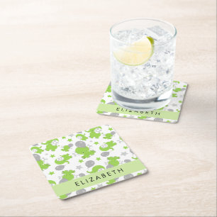 Pattern Of Green Elephants, Stars, Your Name Square Paper Coaster