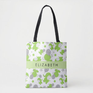 Pattern Of Green Elephants, Stars, Your Name Tote Bag