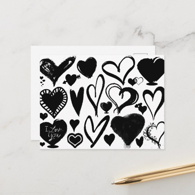 Pattern Of Hearts, Black Hearts, Black and White Postcard (Front/Back In Situ)