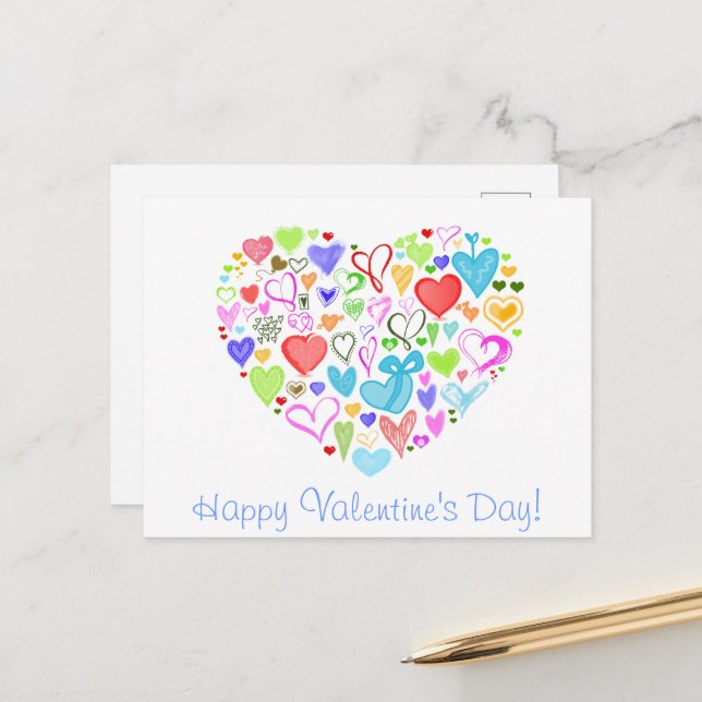 Pattern Of Hearts, Colourful Hearts, Hearts Patter Holiday Postcard (Front/Back In Situ)