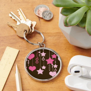 Pattern Of Hearts, Pattern Of Stars, Dots, Pink Keychain