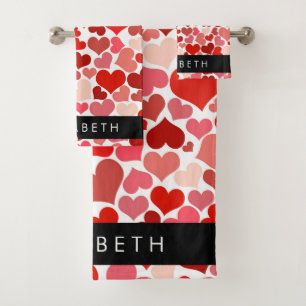 Pattern Of Hearts, Red Hearts, Love, Your Name Bath Towel Set