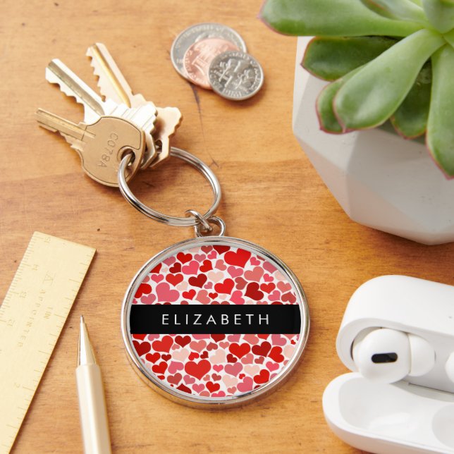Pattern Of Hearts, Red Hearts, Love, Your Name Keychain (Desk)