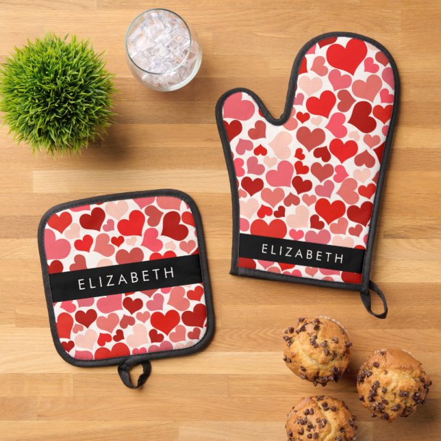 Pattern Of Hearts, Red Hearts, Love, Your Name Oven Mitt & Pot Holder Set (Top Down)