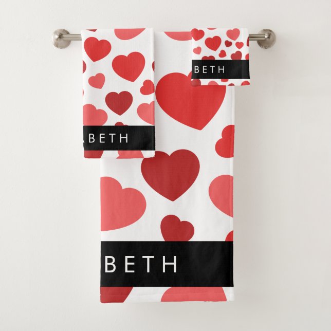Pattern Of Hearts, Red Hearts, Your Name Bath Towel Set (Insitu)