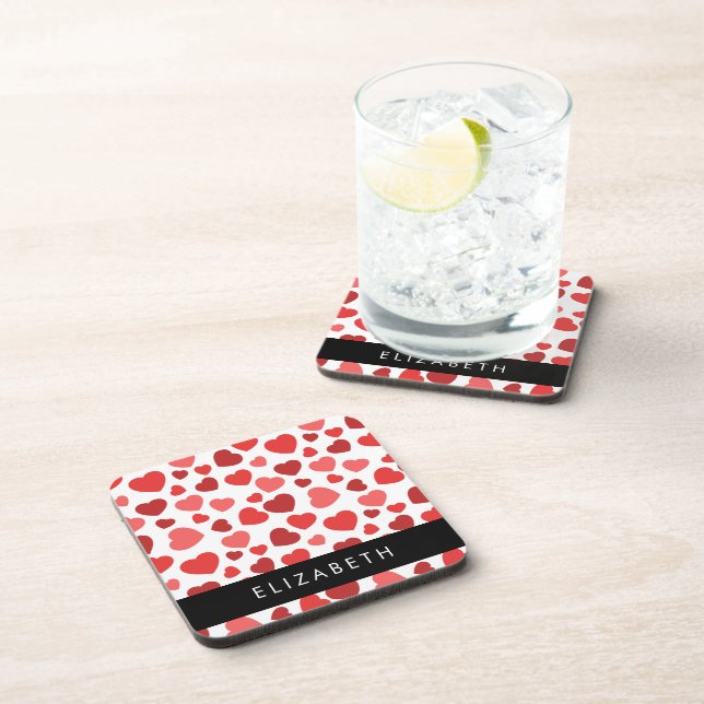 Pattern Of Hearts, Red Hearts, Your Name Coaster (Right Side)