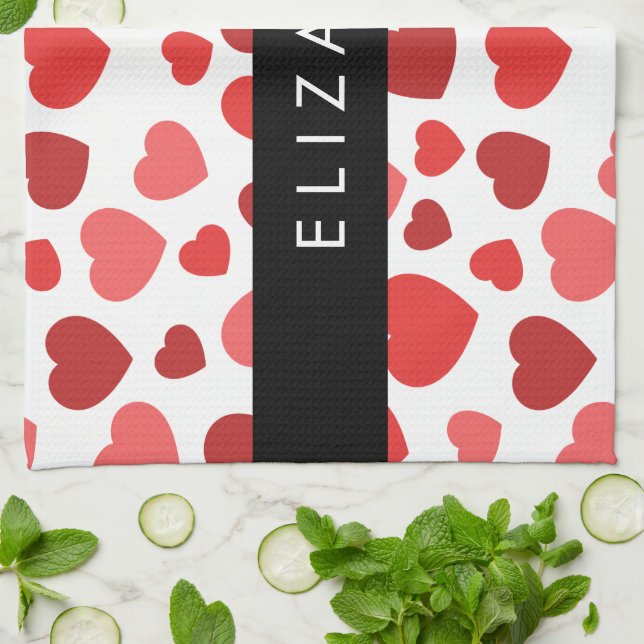 Pattern Of Hearts, Red Hearts, Your Name Kitchen Towel (Folded)