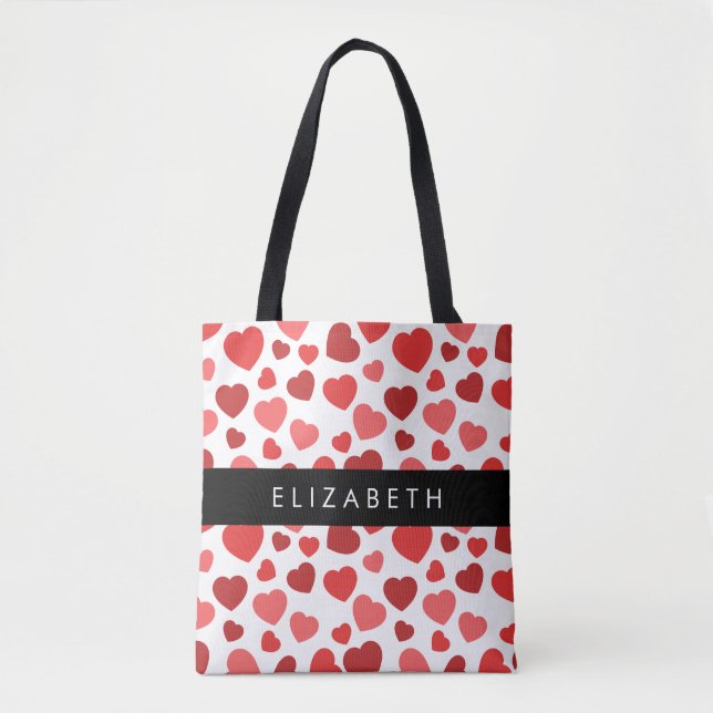 Pattern Of Hearts, Red Hearts, Your Name Tote Bag (Front)
