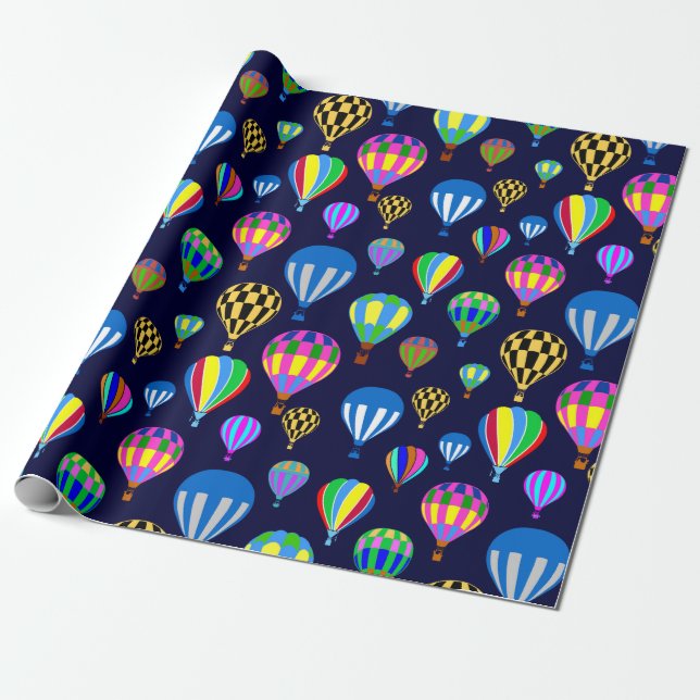 Pattern Of Hot Air Balloons. Navy Blue Background Wrapping Paper (Unrolled)