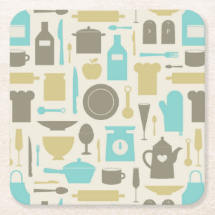 Pattern Of Kitchen Tools Square Paper Coaster