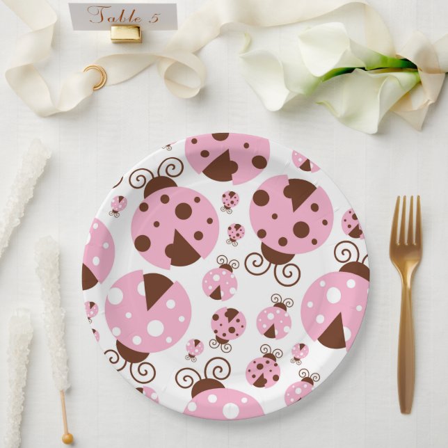 Pattern Of Ladybugs, Cute Ladybugs, Pink Ladybugs Paper Plate (Wedding)