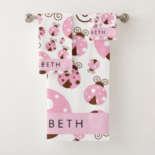 Pattern Of Ladybugs, Pink Ladybugs, Your Name Bath Towel Set