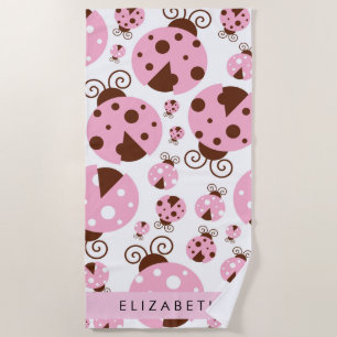 Pattern Of Ladybugs, Pink Ladybugs, Your Name Beach Towel