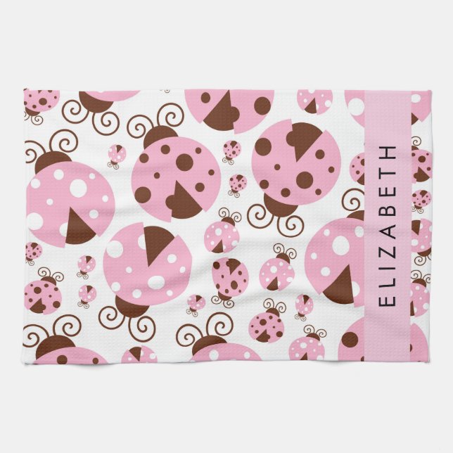Pattern Of Ladybugs, Pink Ladybugs, Your Name Kitchen Towel (Horizontal)