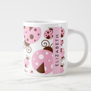 Pattern Of Ladybugs, Pink Ladybugs, Your Name Large Coffee Mug