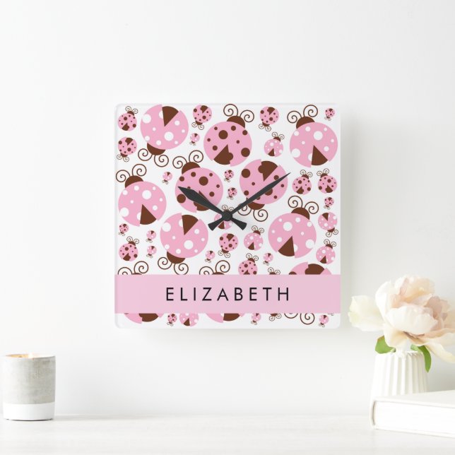 Pattern Of Ladybugs, Pink Ladybugs, Your Name Square Wall Clock (Home)