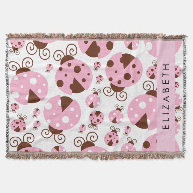 Pattern Of Ladybugs, Pink Ladybugs, Your Name Throw Blanket (Front)