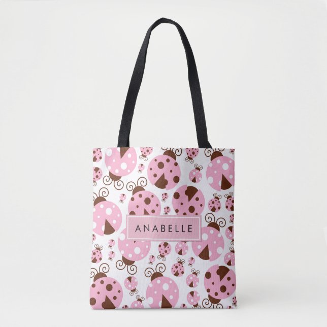 Pattern Of Ladybugs, Pink Ladybugs, Your Name Tote Bag (Front)