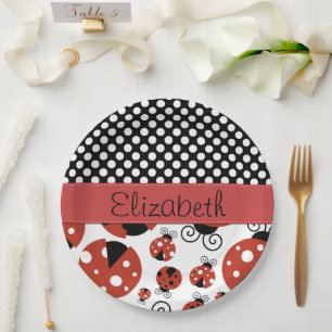 Pattern Of Ladybugs, Polka Dots, Your Name Paper Plate