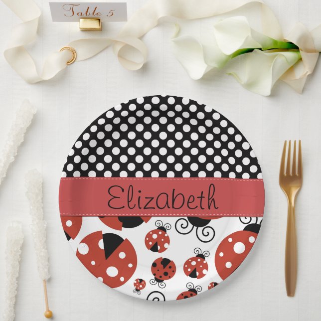 Pattern Of Ladybugs, Polka Dots, Your Name Paper Plate (Wedding)
