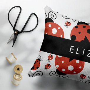 Pattern Of Ladybugs, Red Ladybugs, Your Name Accent Pillow