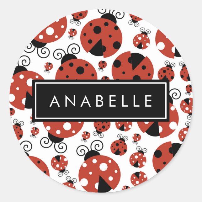Pattern Of Ladybugs, Red Ladybugs, Your Name Classic Round Sticker (Front)