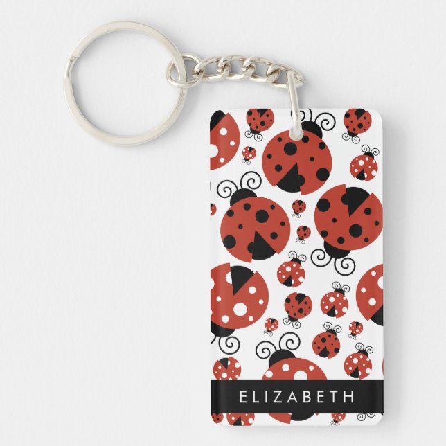 Pattern Of Ladybugs, Red Ladybugs, Your Name Keychain (Front)