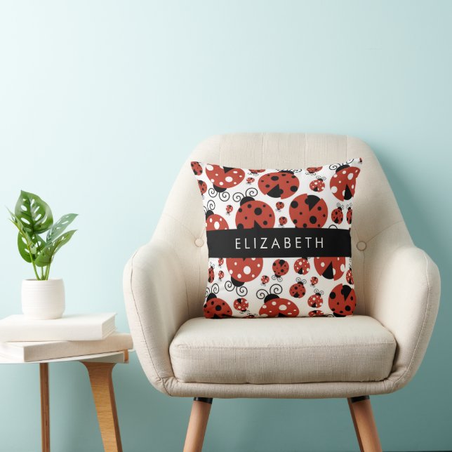 Pattern Of Ladybugs, Red Ladybugs, Your Name Throw Pillow (Chair)