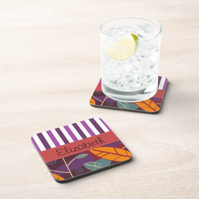 Pattern Of Leaves, Purple Stripes, Your Name Coaster (Right Side)