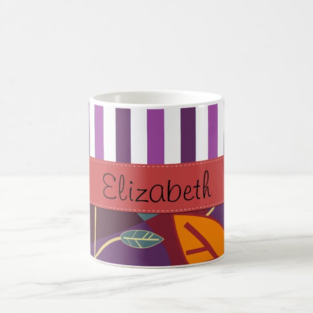 Pattern Of Leaves, Purple Stripes, Your Name Coffee Mug (Center)