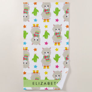 Pattern Of Llamas, Alpacas, Cactus, Your Name Beach Towel