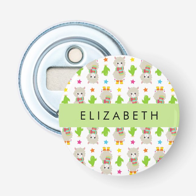 Pattern Of Llamas, Alpacas, Cactus, Your Name Bottle Opener (Front)