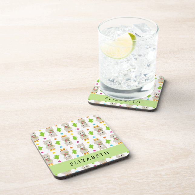 Pattern Of Llamas, Alpacas, Cactus, Your Name Coaster (Right Side)