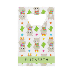 Pattern Of Llamas, Alpacas, Cactus, Your Name Credit Card Bottle Opener