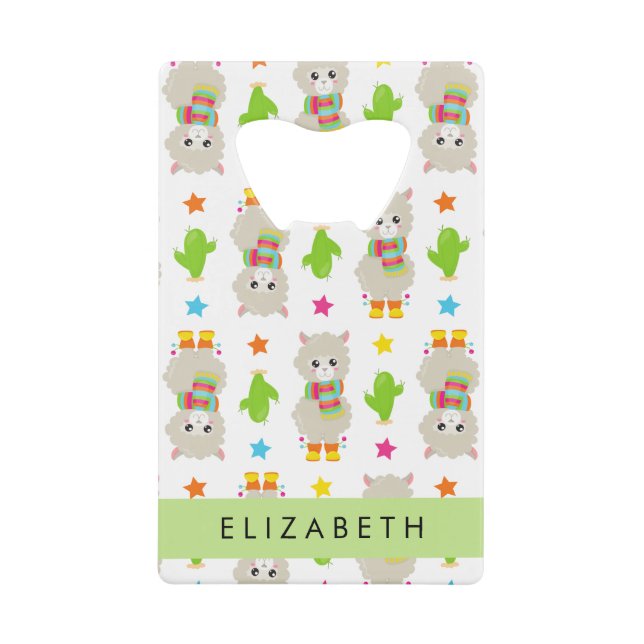 Pattern Of Llamas, Alpacas, Cactus, Your Name Credit Card Bottle Opener (Front)
