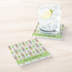 Pattern Of Llamas, Alpacas, Cactus, Your Name Glass Coaster