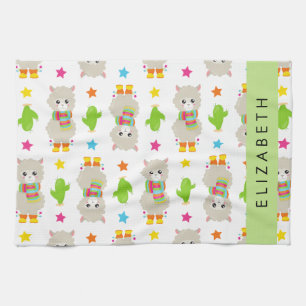 Pattern Of Llamas, Alpacas, Cactus, Your Name Kitchen Towel