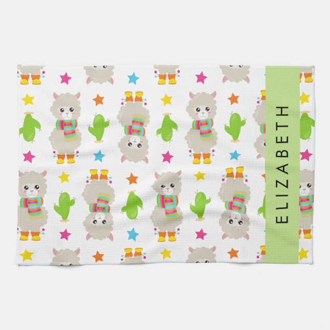 Pattern Of Llamas, Alpacas, Cactus, Your Name Kitchen Towel (Horizontal)