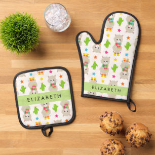 Pattern Of Llamas, Alpacas, Cactus, Your Name Oven Mitt & Pot Holder Set