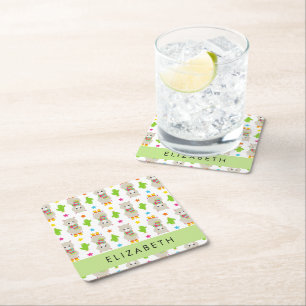Pattern Of Llamas, Alpacas, Cactus, Your Name Square Paper Coaster