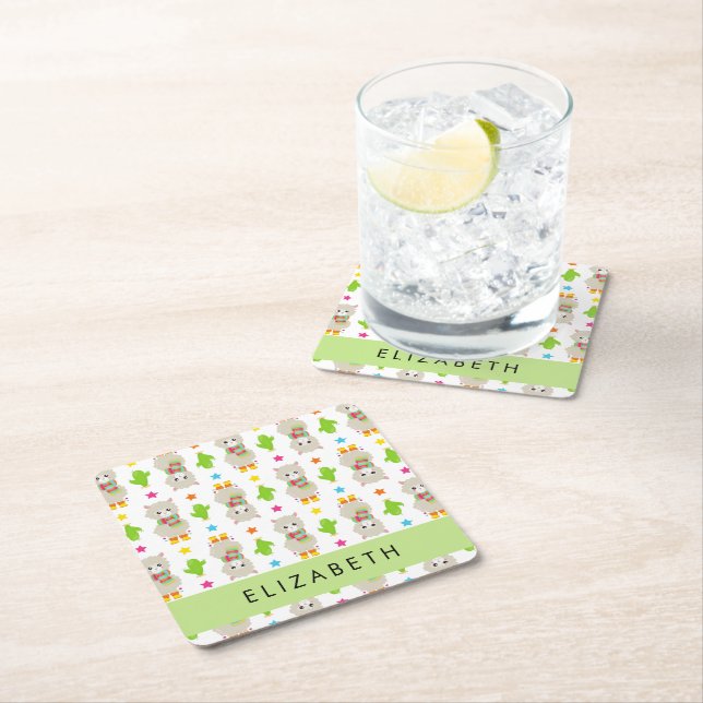 Pattern Of Llamas, Alpacas, Cactus, Your Name Square Paper Coaster (Insitu)