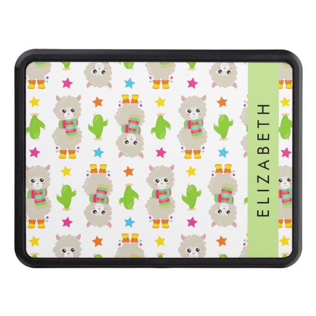 Pattern Of Llamas, Alpacas, Cactus, Your Name Trailer Hitch Cover (Front)