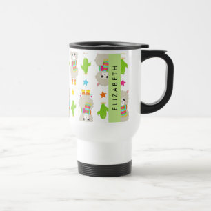 Pattern Of Llamas, Alpacas, Cactus, Your Name Travel Mug