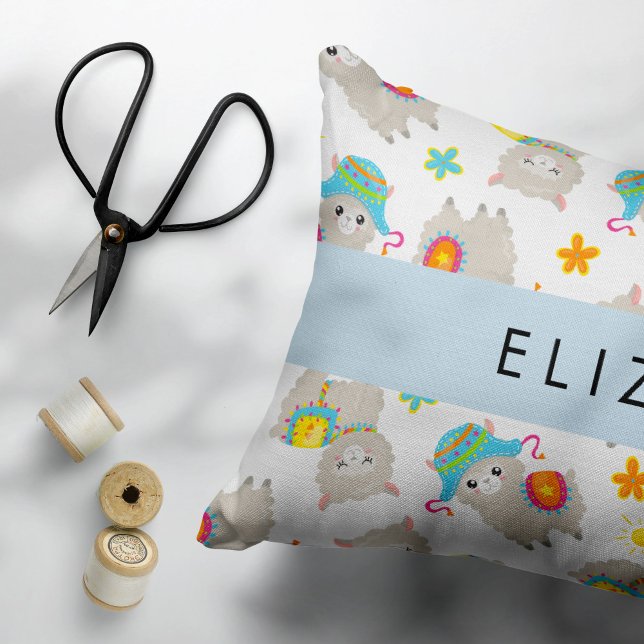 Pattern Of Llamas, Alpacas, Flowers, Your Name Accent Pillow (Creator Uploaded)