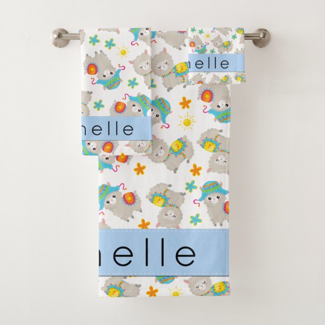 Pattern Of Llamas, Alpacas, Flowers, Your Name Bath Towel Set (Insitu)