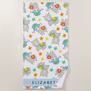 Pattern Of Llamas, Alpacas, Flowers, Your Name Beach Towel